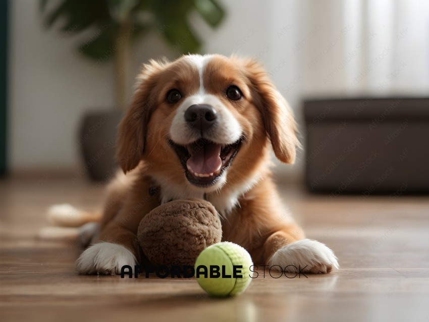 Happy Dog Playing with Toy Ball Indoors