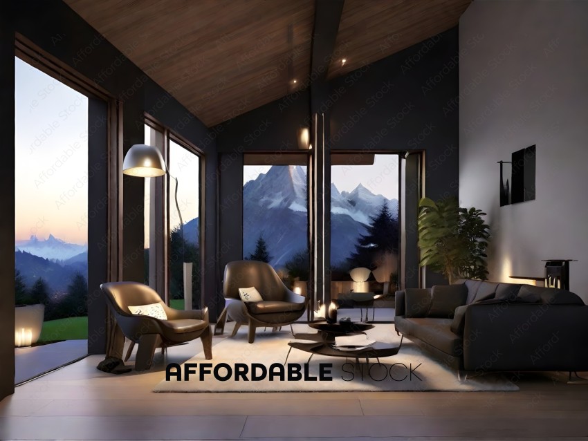 Modern Living Room with Mountain View at Dusk