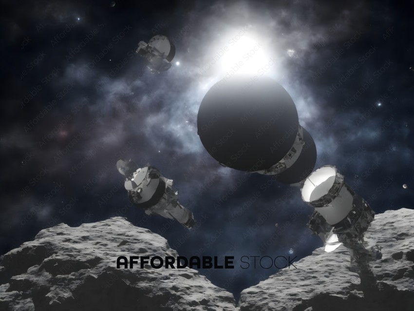Satellites Orbiting Asteroid in Space