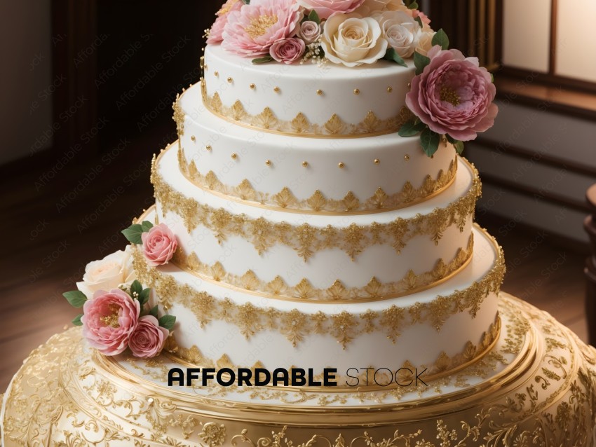 Elegant Multi-tiered Wedding Cake with Gold Accents