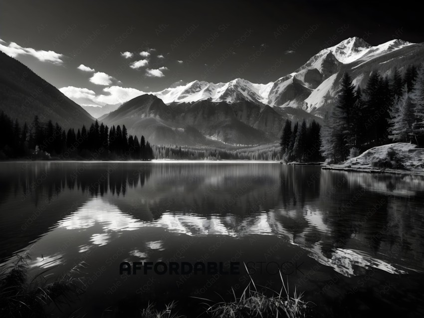 Serene Mountain Lake in Black and White