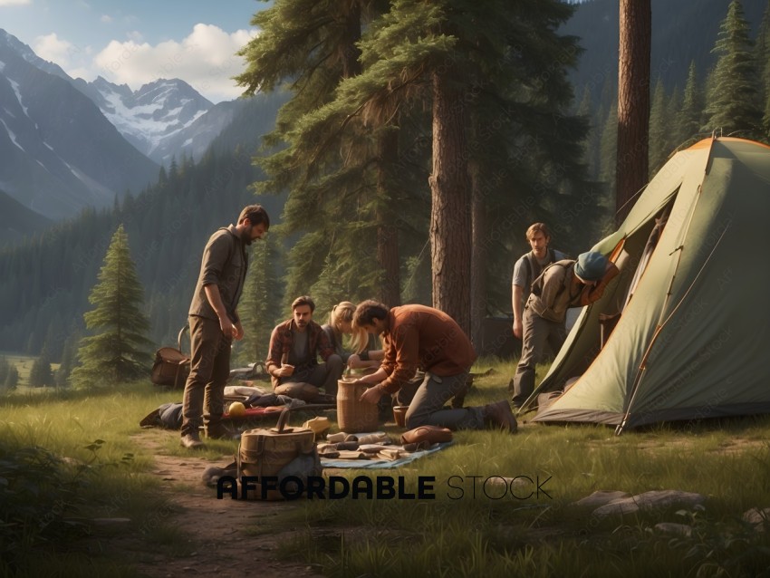Group of Friends Camping in Mountain Forest