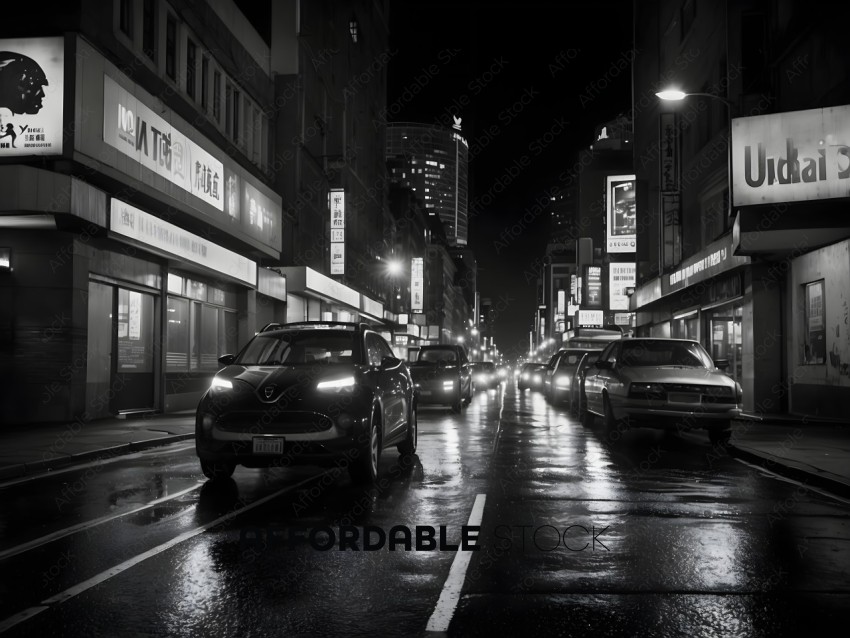 Night Cityscape with Cars and Urban Lighting