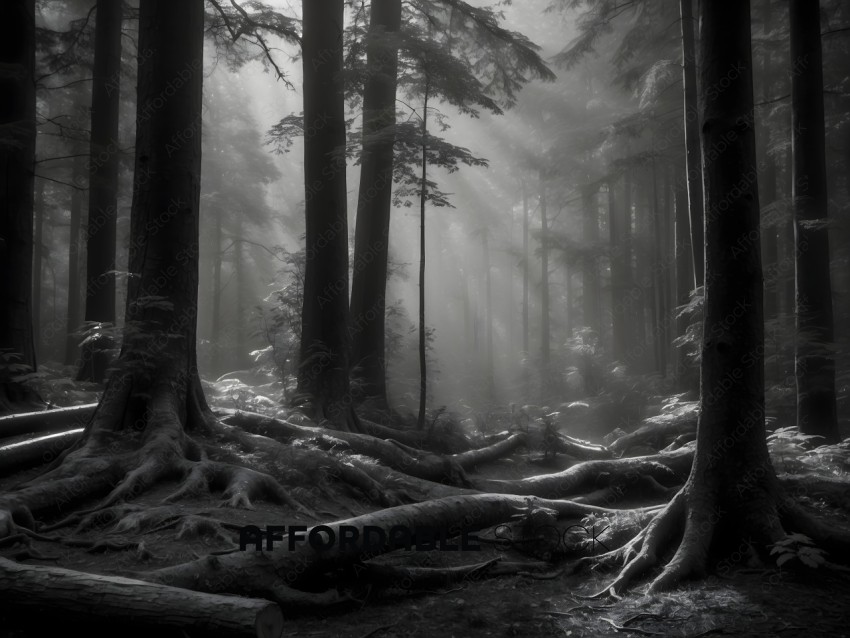 Misty Forest Landscape in Monochrome