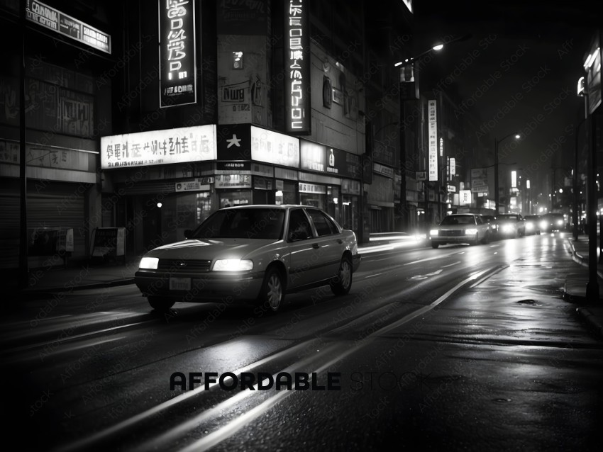 Nocturnal City Street with Cars in Monochrome