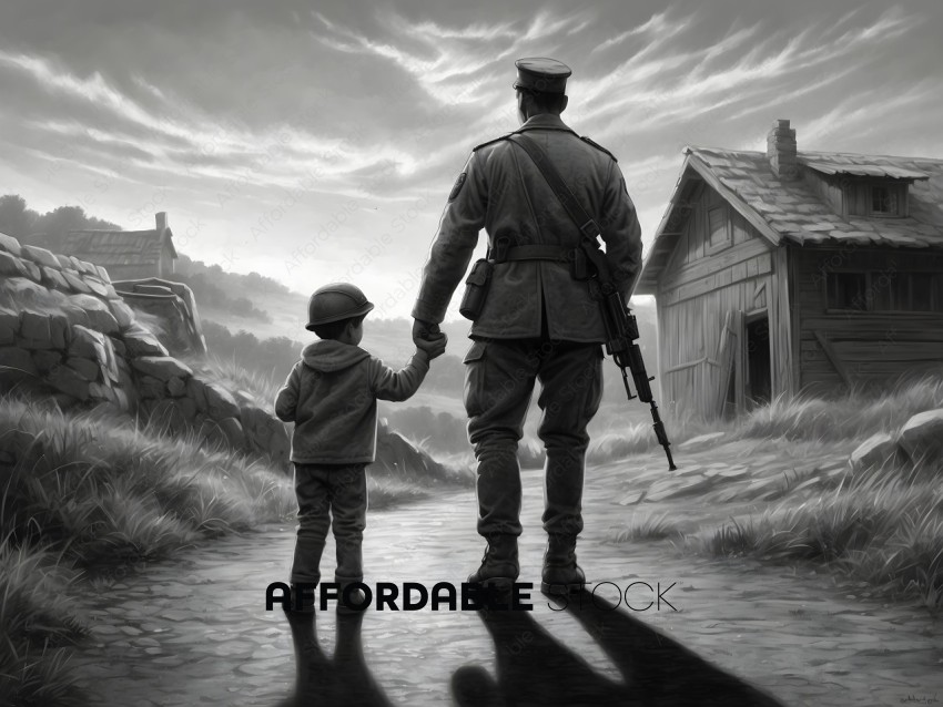 Soldier Walking with Child in Historical Outfit