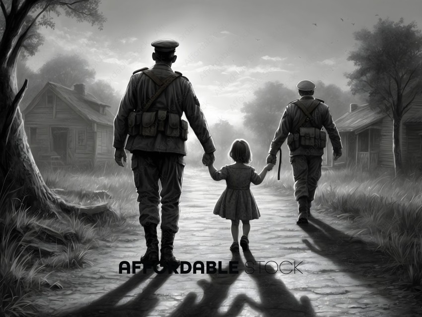 Soldiers Walking with Child in Vintage Rural Setting
