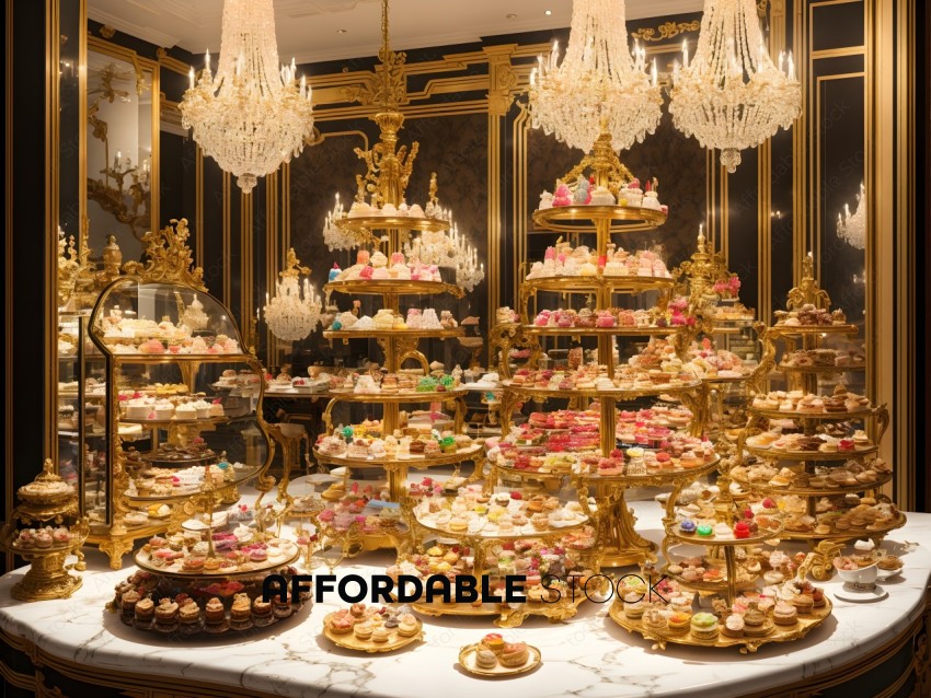 Luxurious Patisserie Display with Chandeliers