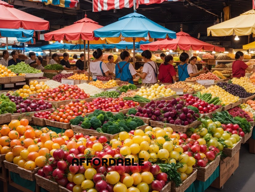 Bustling Market Fruit and Vegetable Stalls