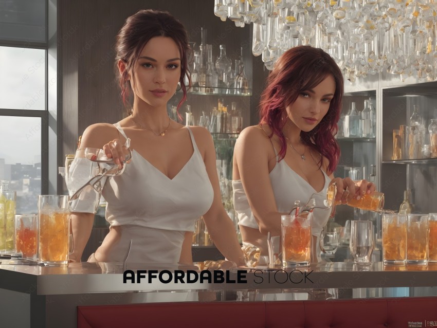 Elegant Women Preparing Cocktails at Home Bar