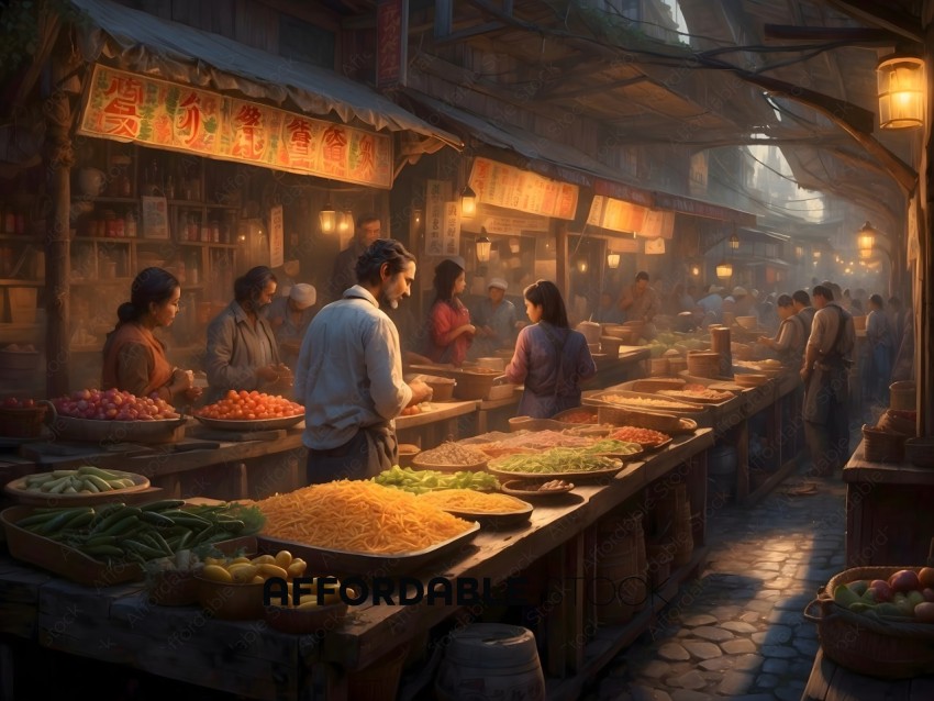 Bustling Traditional Asian Food Market at Dusk