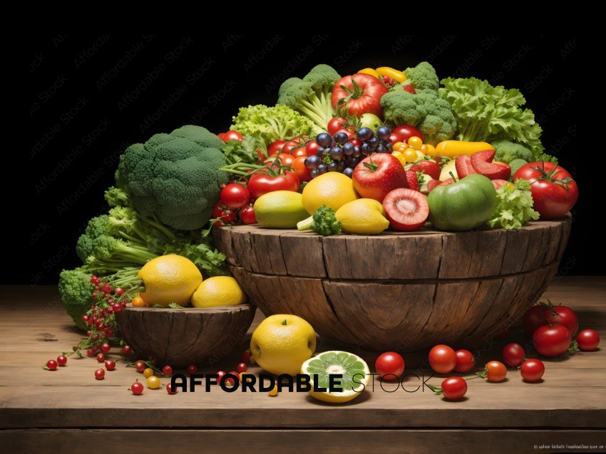 Assorted Fresh Fruits and Vegetables in Wooden Bowl