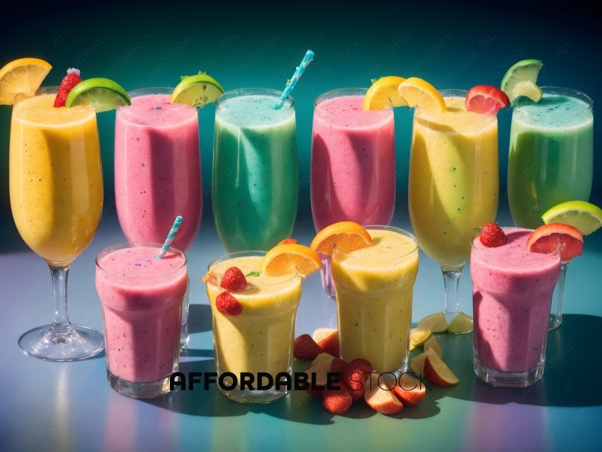 Variety of Colorful Smoothies on Table