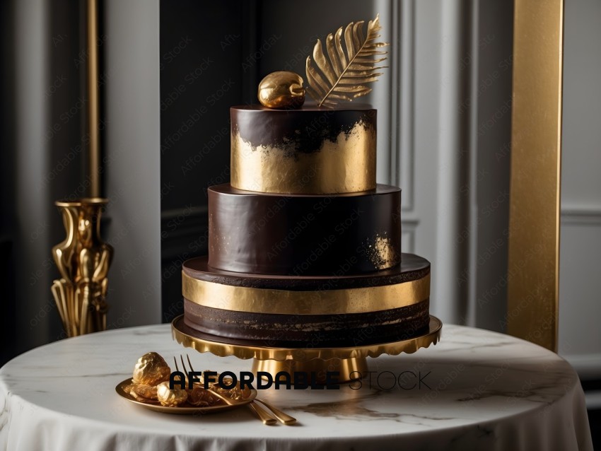 Elegant Chocolate Cake Slice with Gold Leaf
