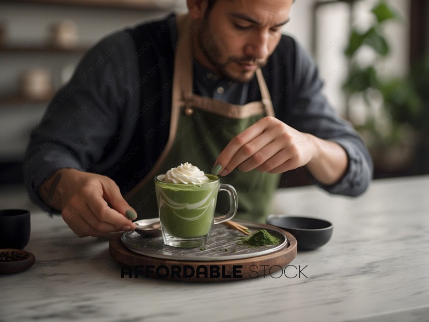 Barista Serving Matcha Green Tea Latte