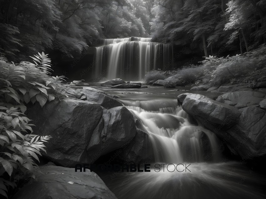 Monochrome Waterfall in Serene Forest