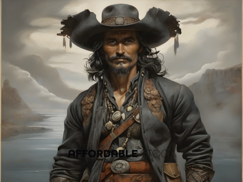 Pirate Captain Portrait with Dramatic Seascape