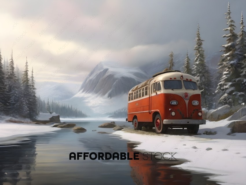 Vintage Bus in Winter Landscape