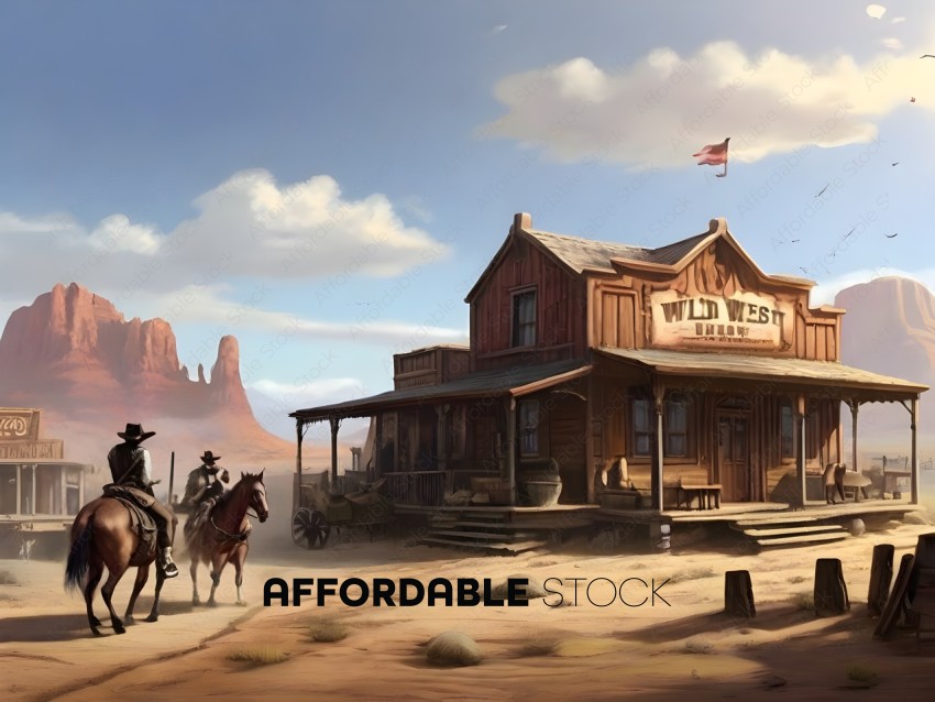 Old Western Town with Cowboys on Horseback
