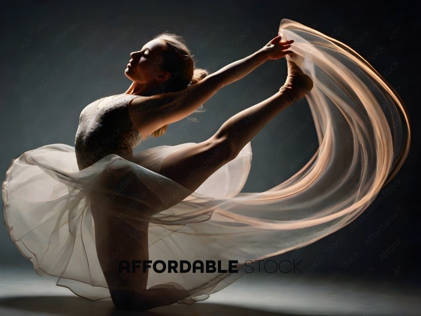 A female ballerina wearing a white tutu and holding her leg up in the air