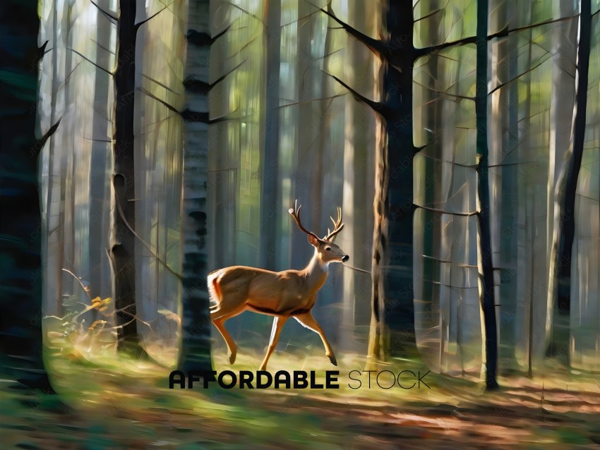 A deer is running through a forest