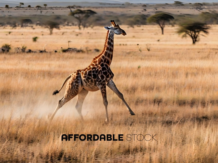 A giraffe running through a dry grass field