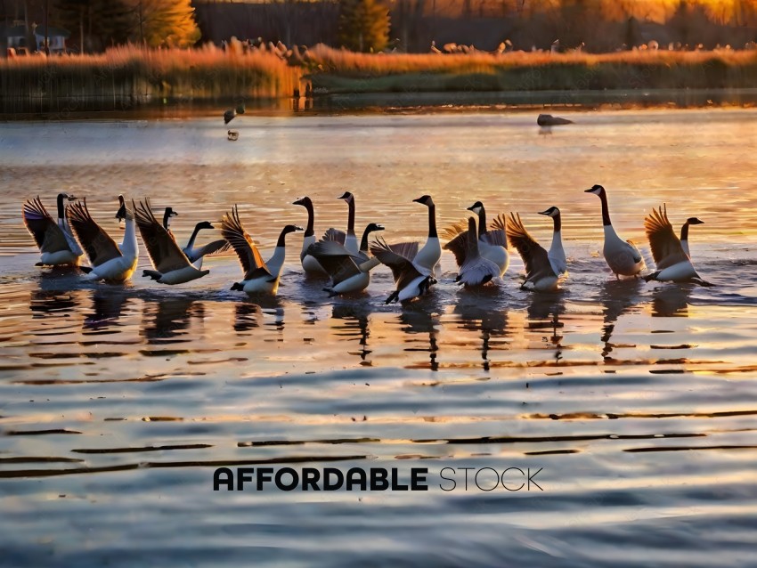 A group of Canadian geese in a body of water at sunset
