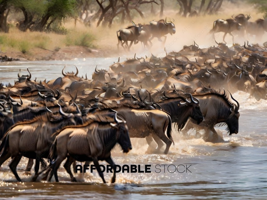 A herd of wildebeests crossing a river