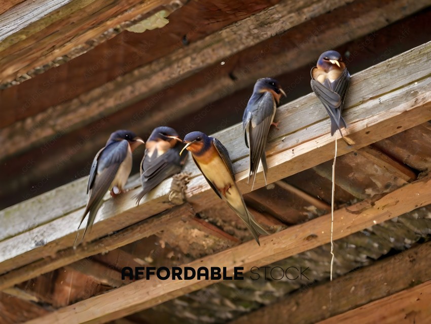 Birds perched on a wooden structure