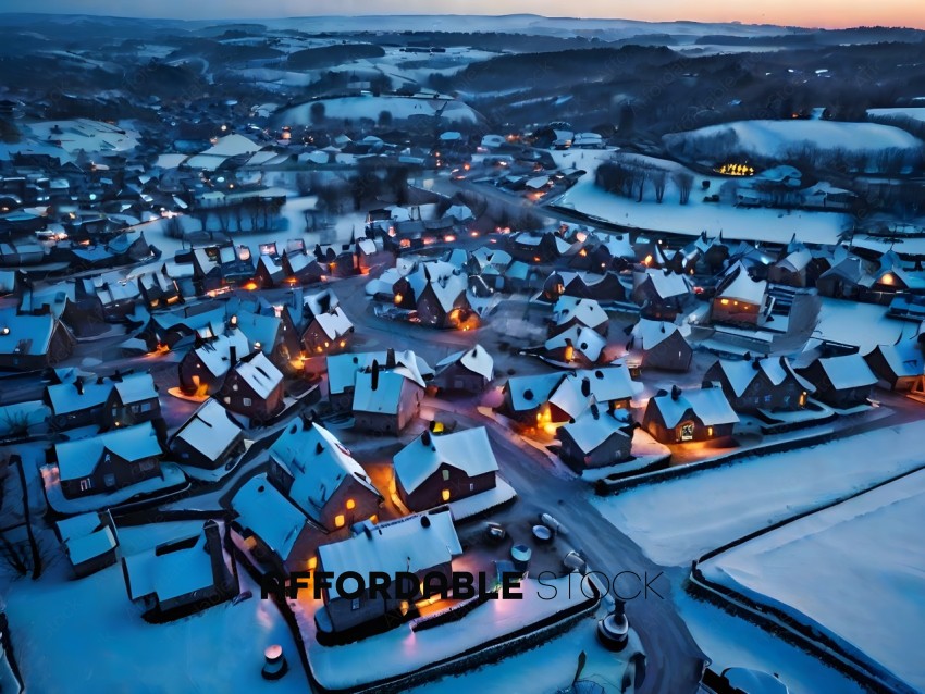 Snow-covered village at dusk