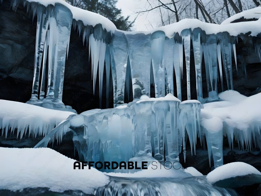 A frozen waterfall with icicles hanging from it
