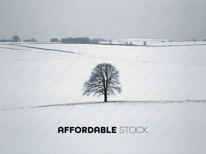 Snow-covered field with a lone tree