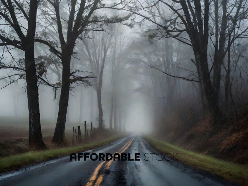 Foggy country road on a cloudy day