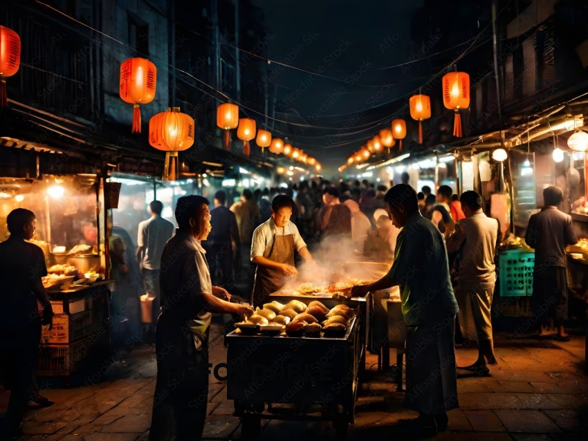 Street Food Vendors at Night with Lights and Lanterns