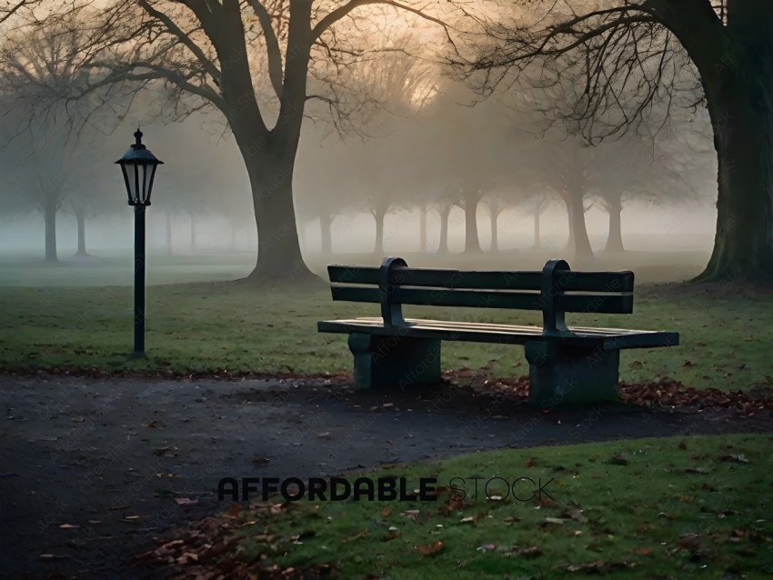 A park bench sits alone in a foggy park