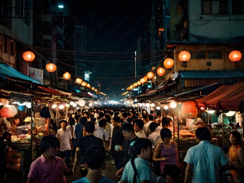 Crowd of people shopping at an outdoor market at night
