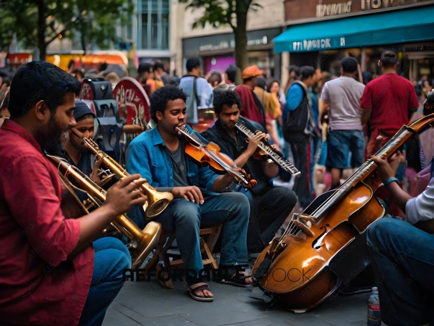 Musicians Playing Instruments in a Crowded Place