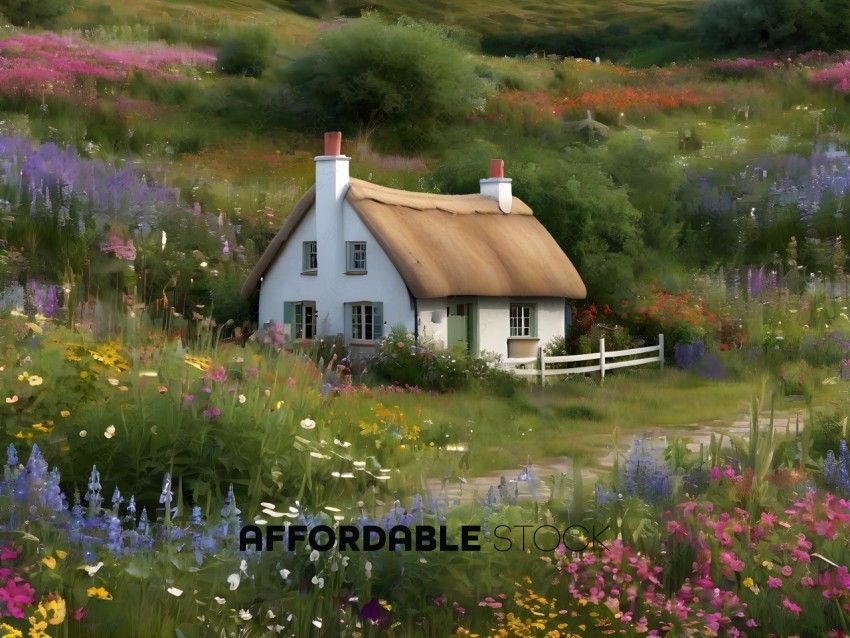 A beautiful painting of a cottage in a field of flowers