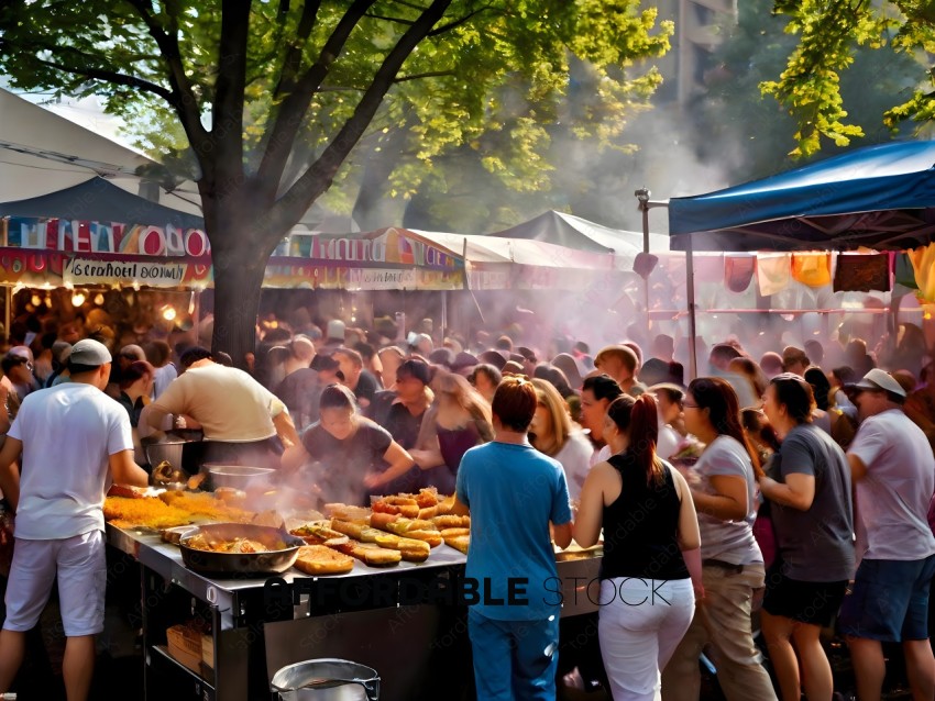 A large crowd of people are gathered around a food stand