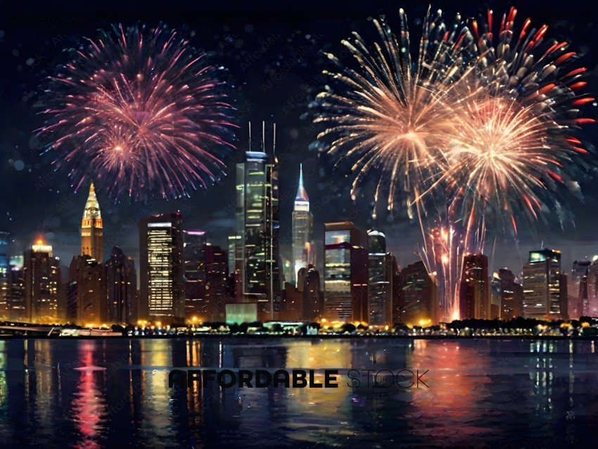 Fireworks over a city skyline at night