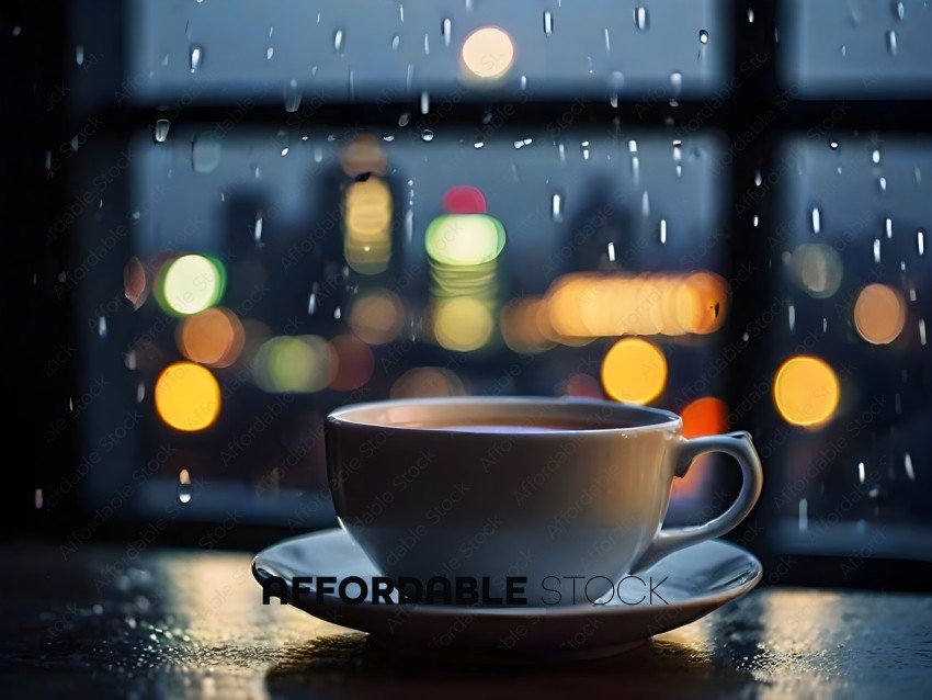 A cup of coffee on a saucer in front of a window