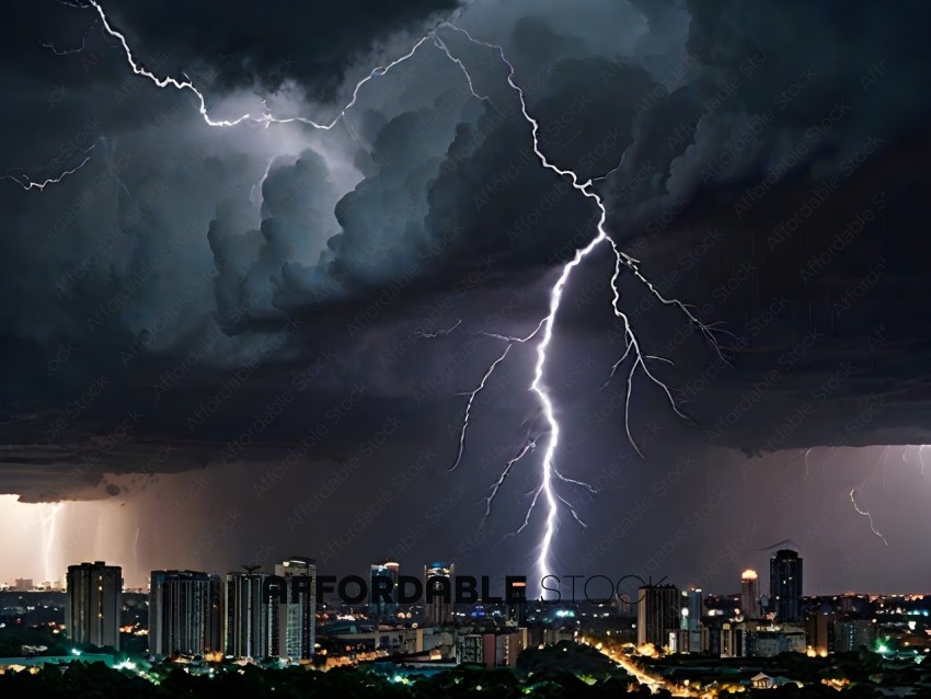 A city skyline with a lightning bolt in the sky