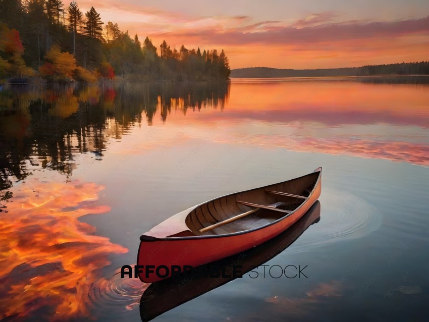 A Red Canoe Sits on the Water at Sunset