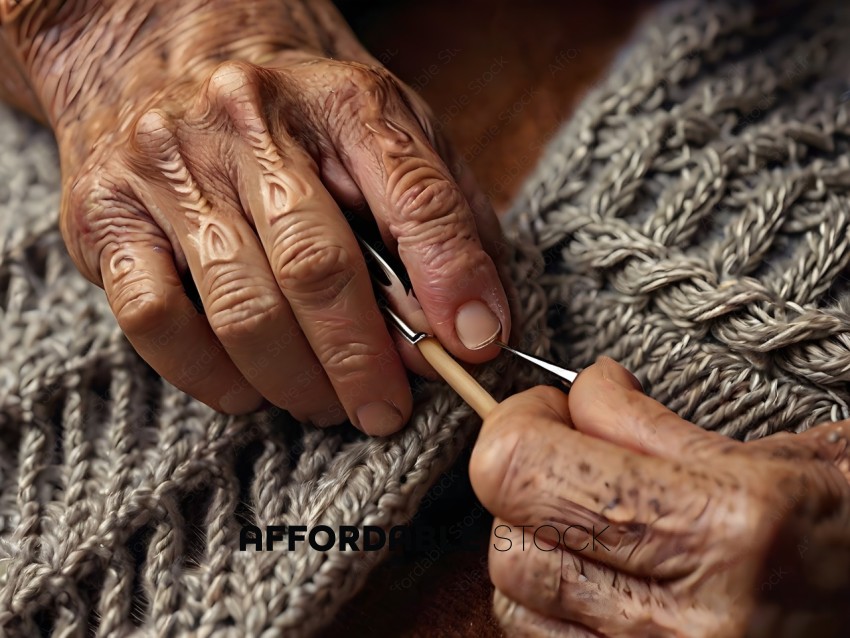 A person is knitting a gray sweater
