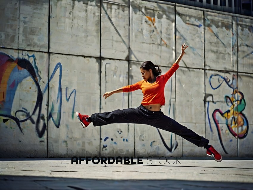 A woman in a red shirt and black pants is jumping in the air
