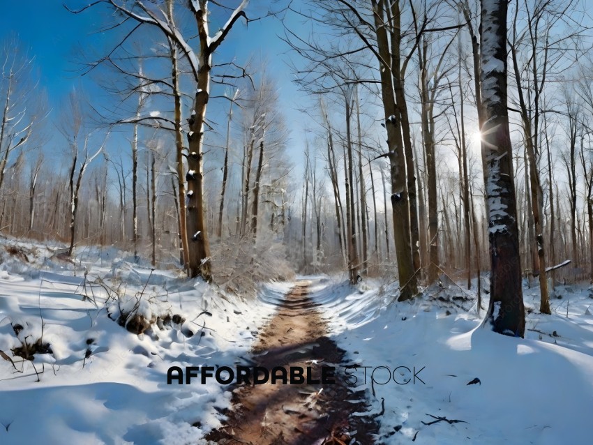 A snowy pathway through a forest
