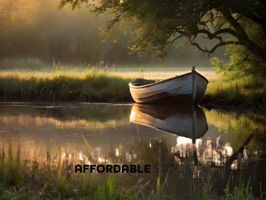 A boat sits in a river surrounded by grass