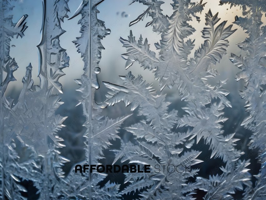 A frozen window with a pattern of snowflakes