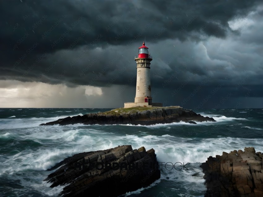 A Stormy Ocean with a Lighthouse in the Background