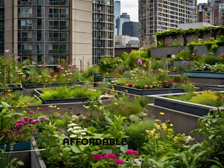 A rooftop garden with a variety of flowers and plants